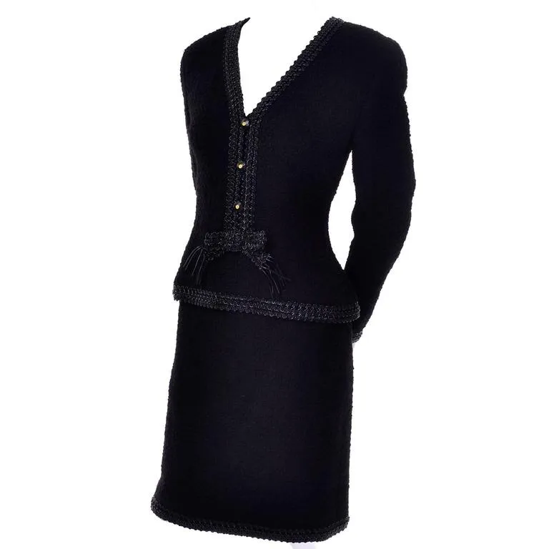 1994 Chanel Vintage Black Wool Boucle Skirt Suit w/ CC Buttons