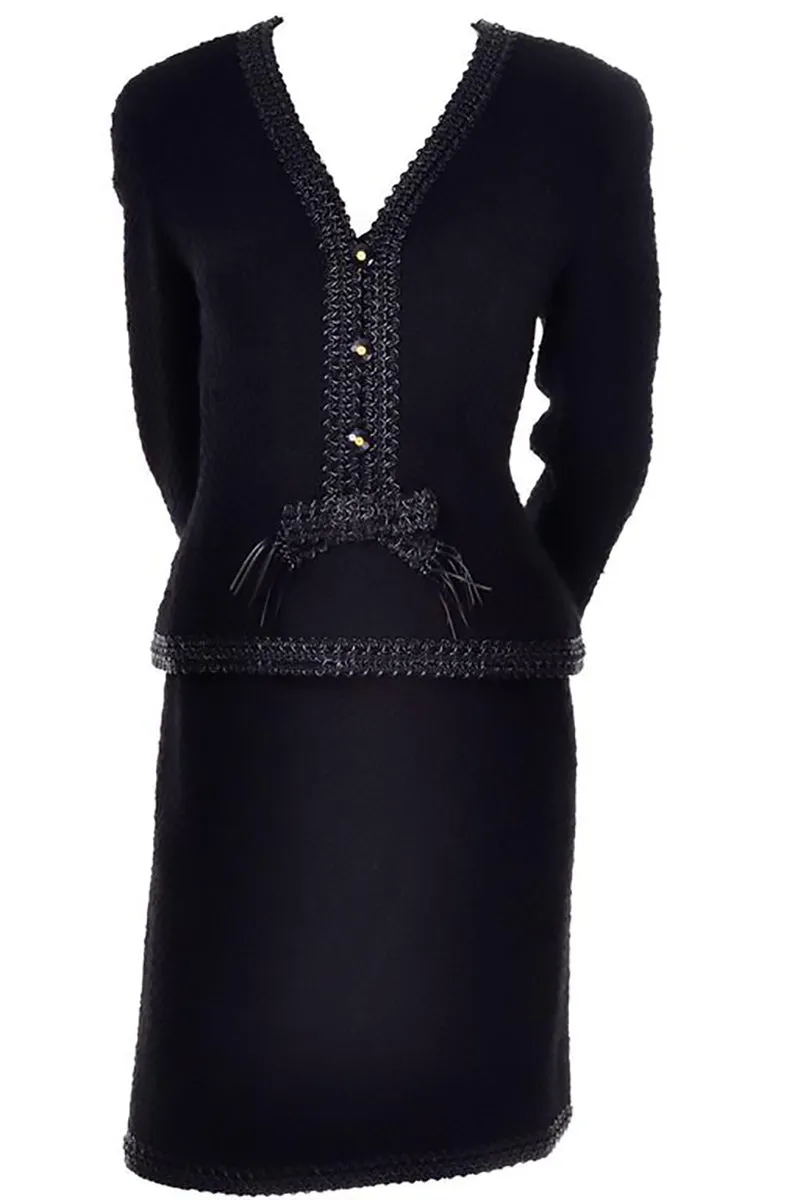 1994 Chanel Vintage Black Wool Boucle Skirt Suit w/ CC Buttons