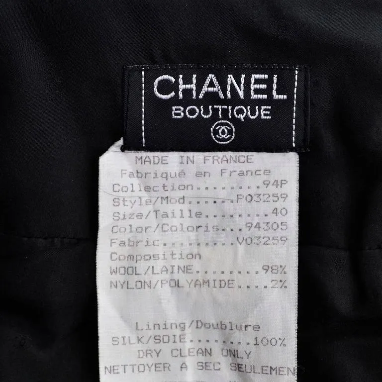 1994 Chanel Vintage Black Wool Boucle Skirt Suit w/ CC Buttons