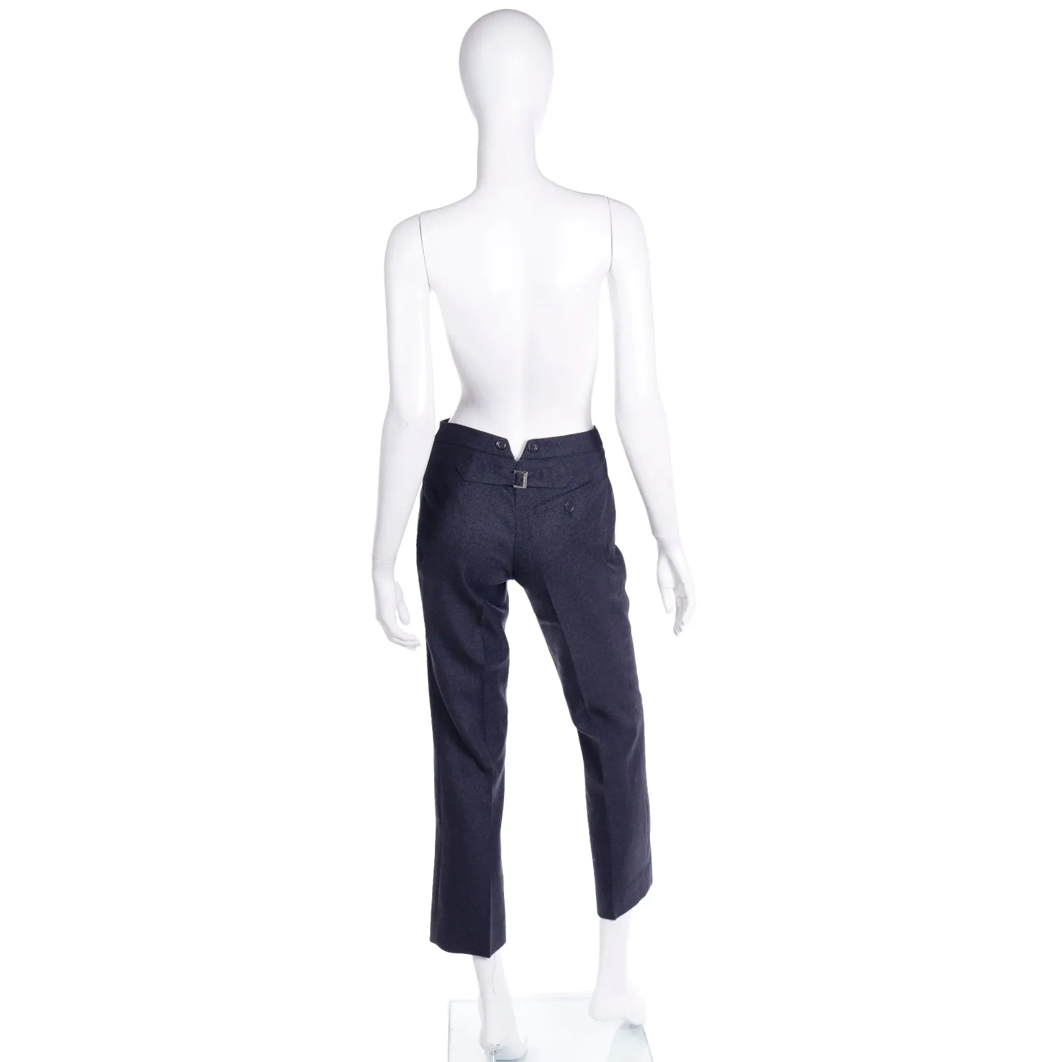 2000s Moschino Blue Wool Pants Notched Waist Straight Leg Trousers