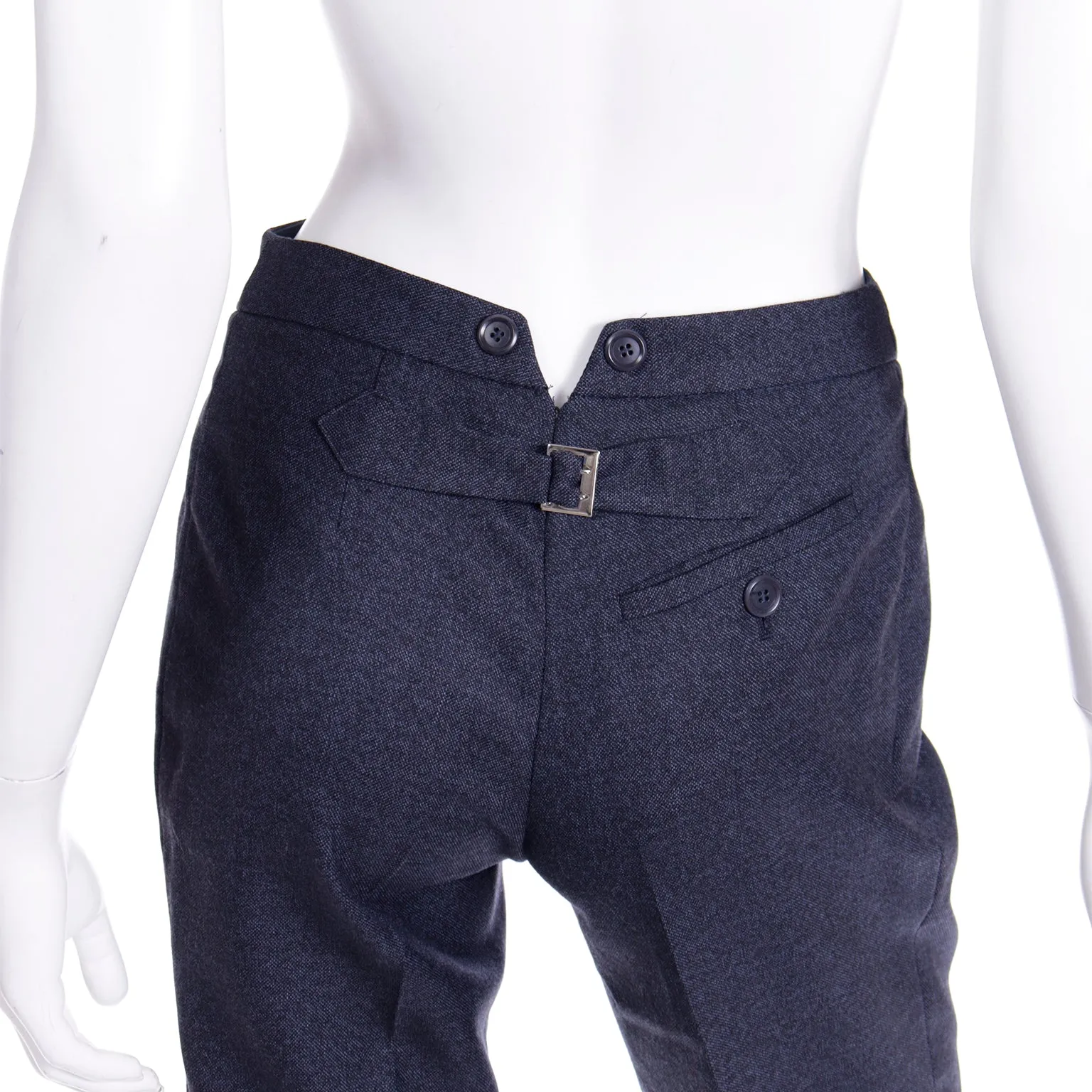 2000s Moschino Blue Wool Pants Notched Waist Straight Leg Trousers