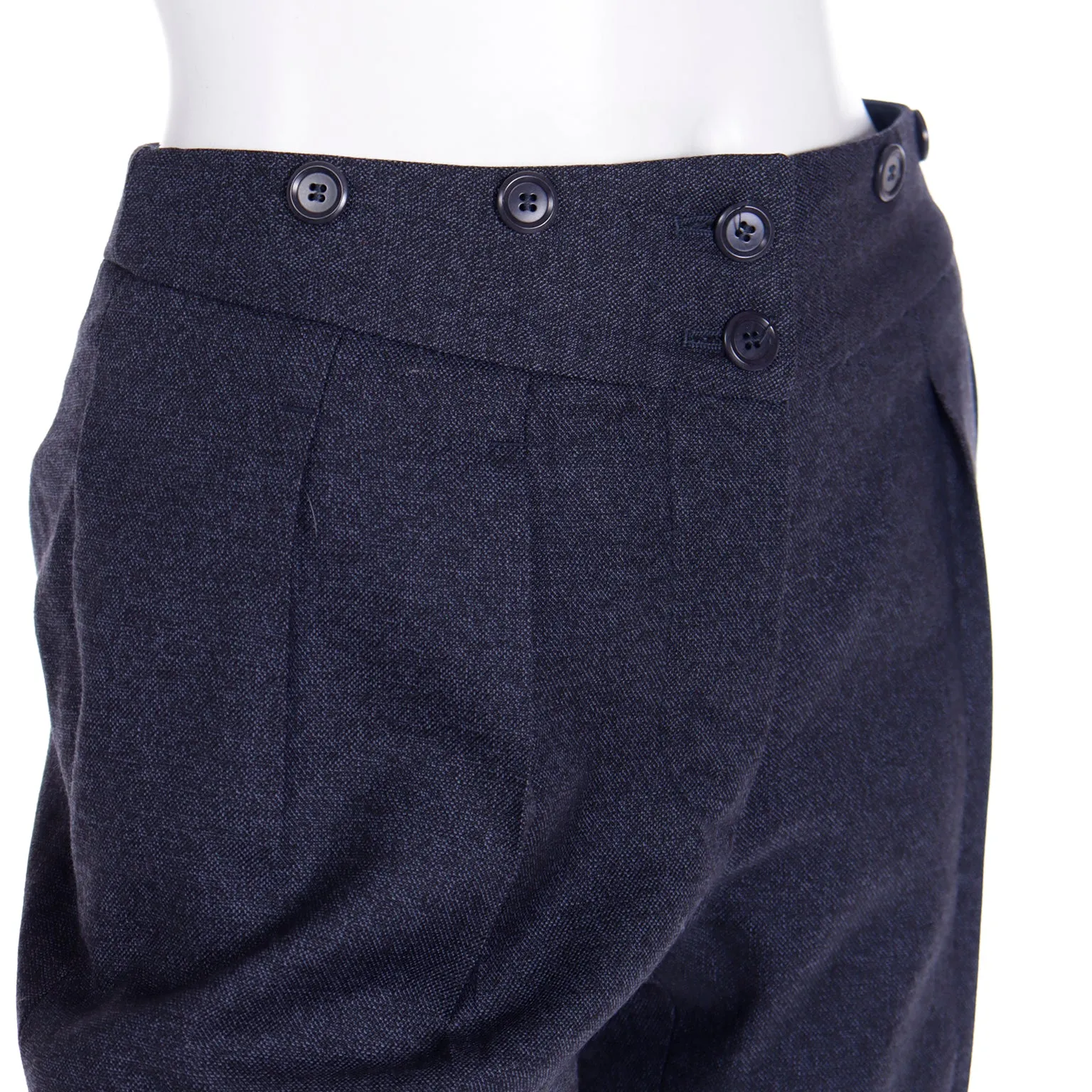 2000s Moschino Blue Wool Pants Notched Waist Straight Leg Trousers