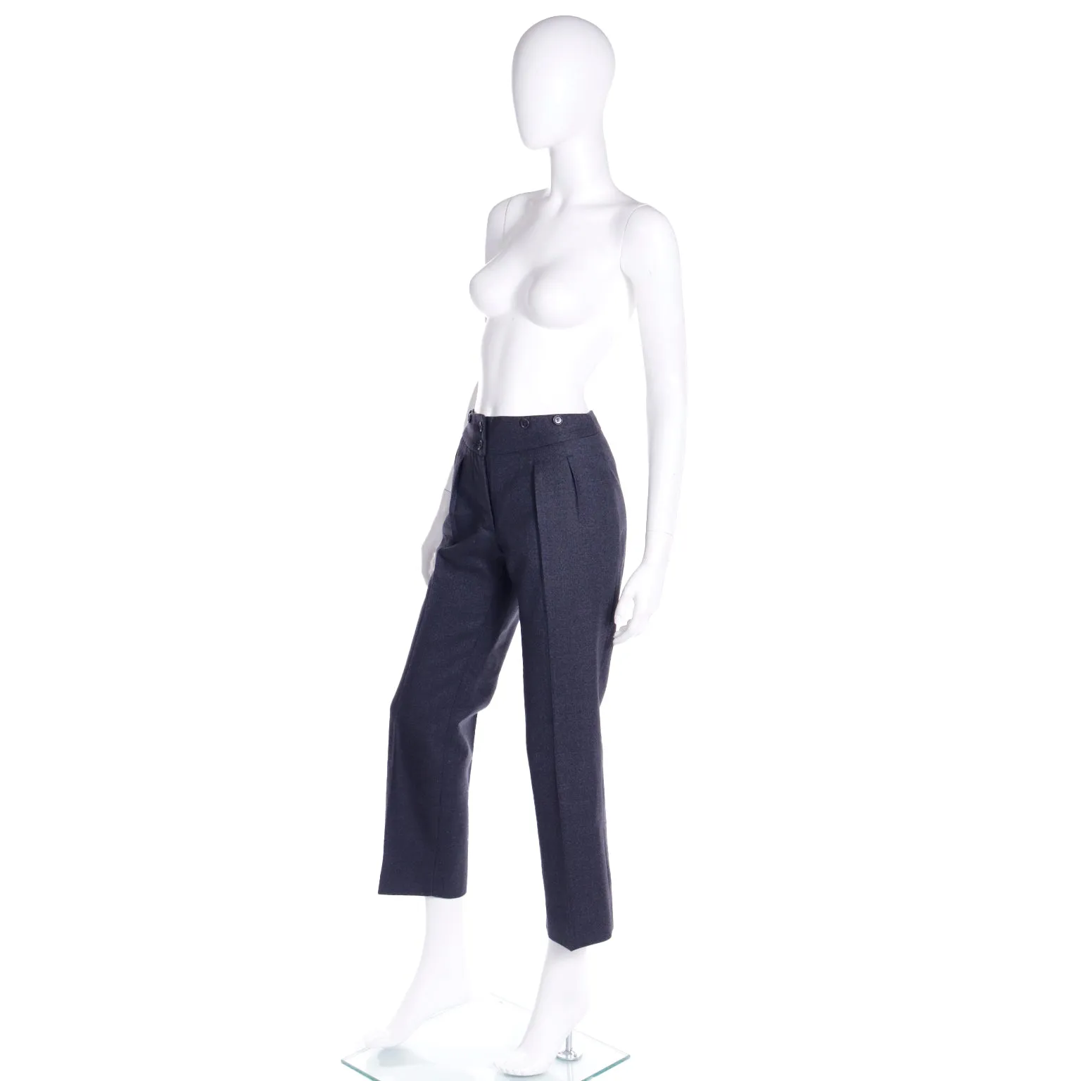 2000s Moschino Blue Wool Pants Notched Waist Straight Leg Trousers