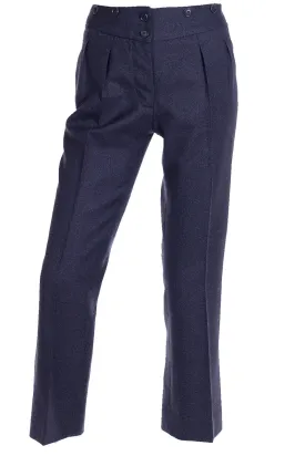 2000s Moschino Blue Wool Pants Notched Waist Straight Leg Trousers