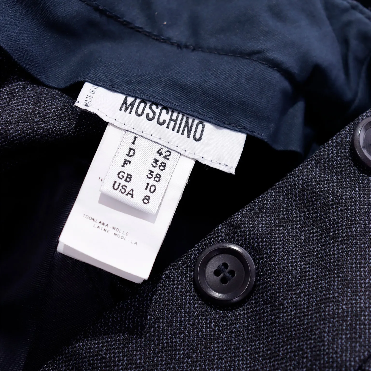 2000s Moschino Blue Wool Pants Notched Waist Straight Leg Trousers