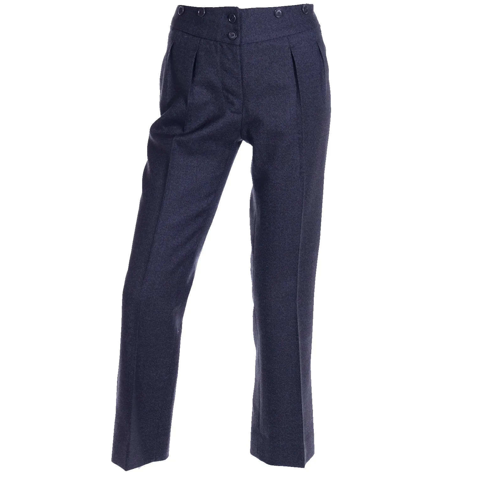 2000s Moschino Blue Wool Pants Notched Waist Straight Leg Trousers