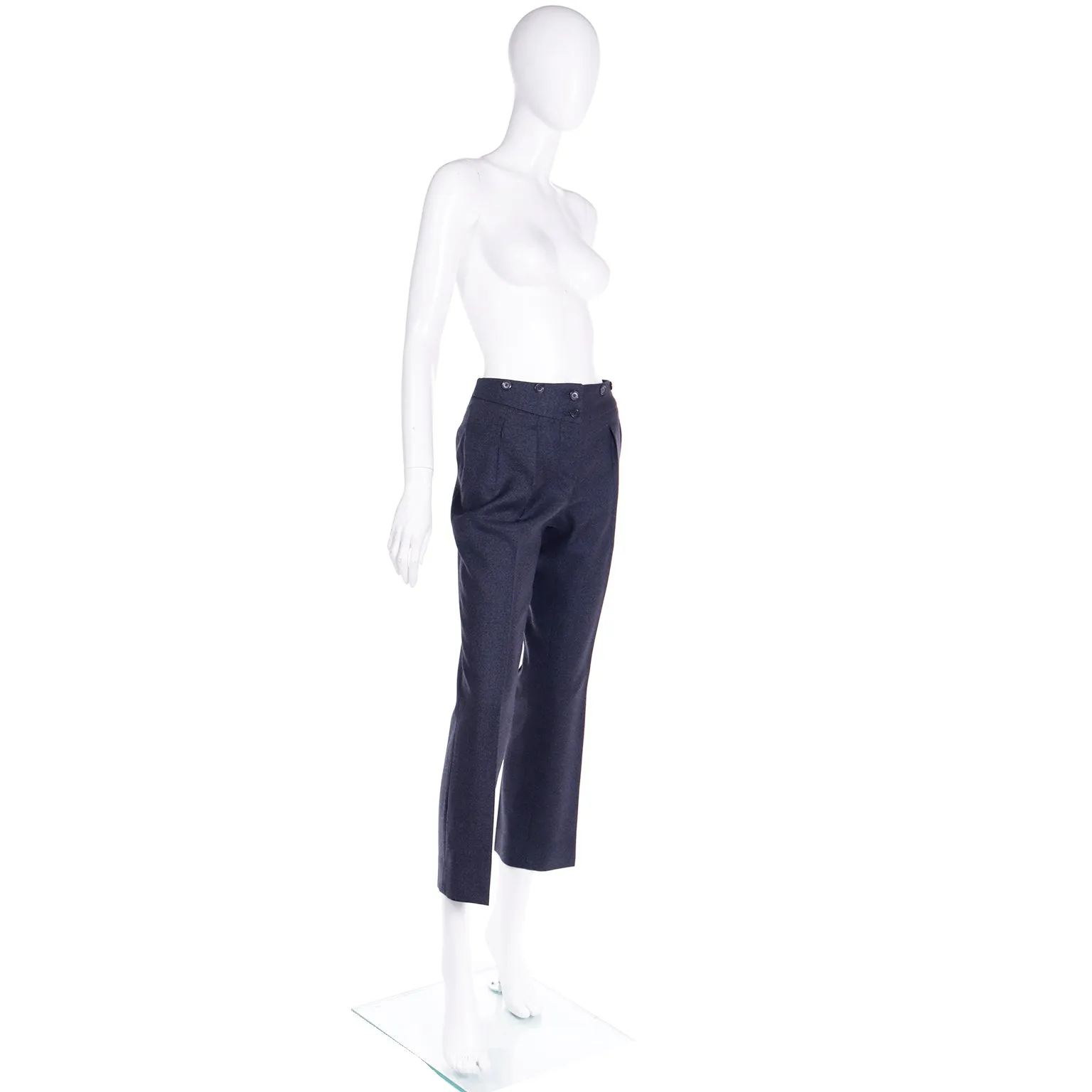 2000s Moschino Blue Wool Pants Notched Waist Straight Leg Trousers