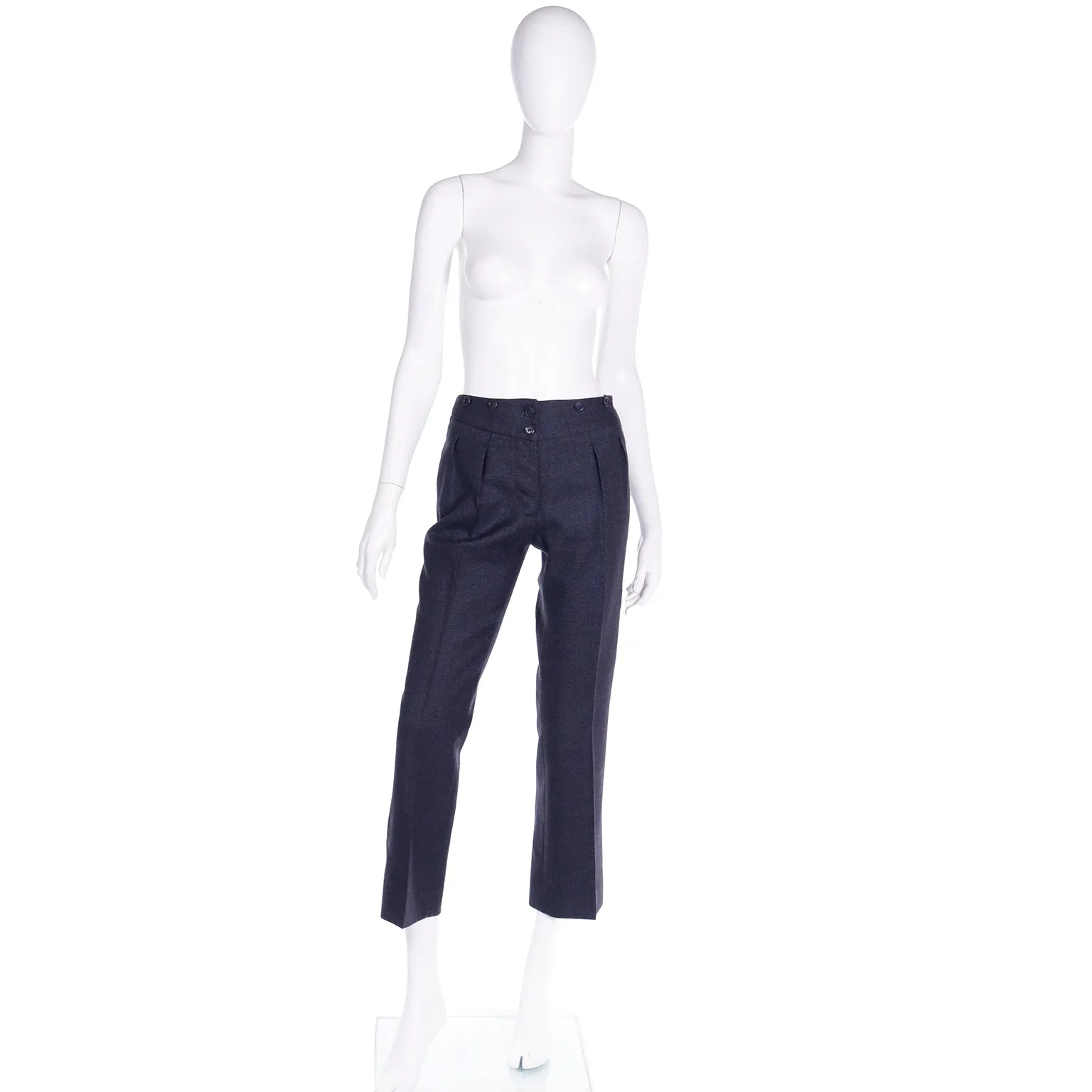 2000s Moschino Blue Wool Pants Notched Waist Straight Leg Trousers