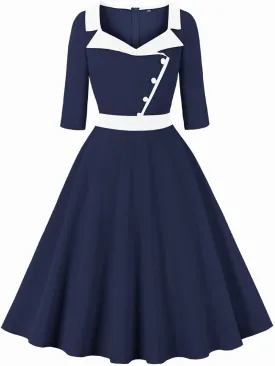 3/4 Sleeve 40s 50s Dresses for Women Vintage 1950s Cocktail Dress Square Neck Retro Rockabilly Swing 50's Style Dress