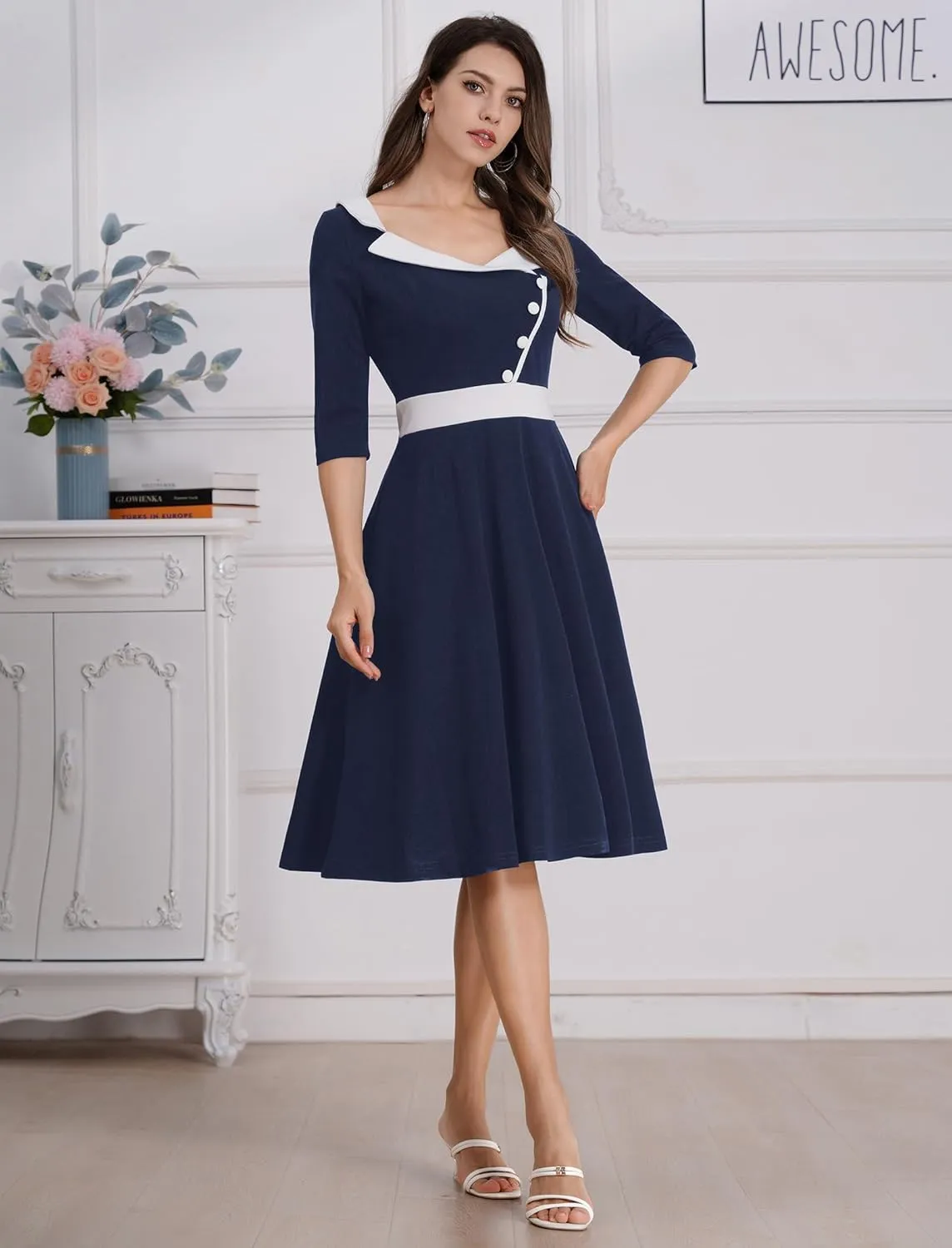 3/4 Sleeve 40s 50s Dresses for Women Vintage 1950s Cocktail Dress Square Neck Retro Rockabilly Swing 50's Style Dress