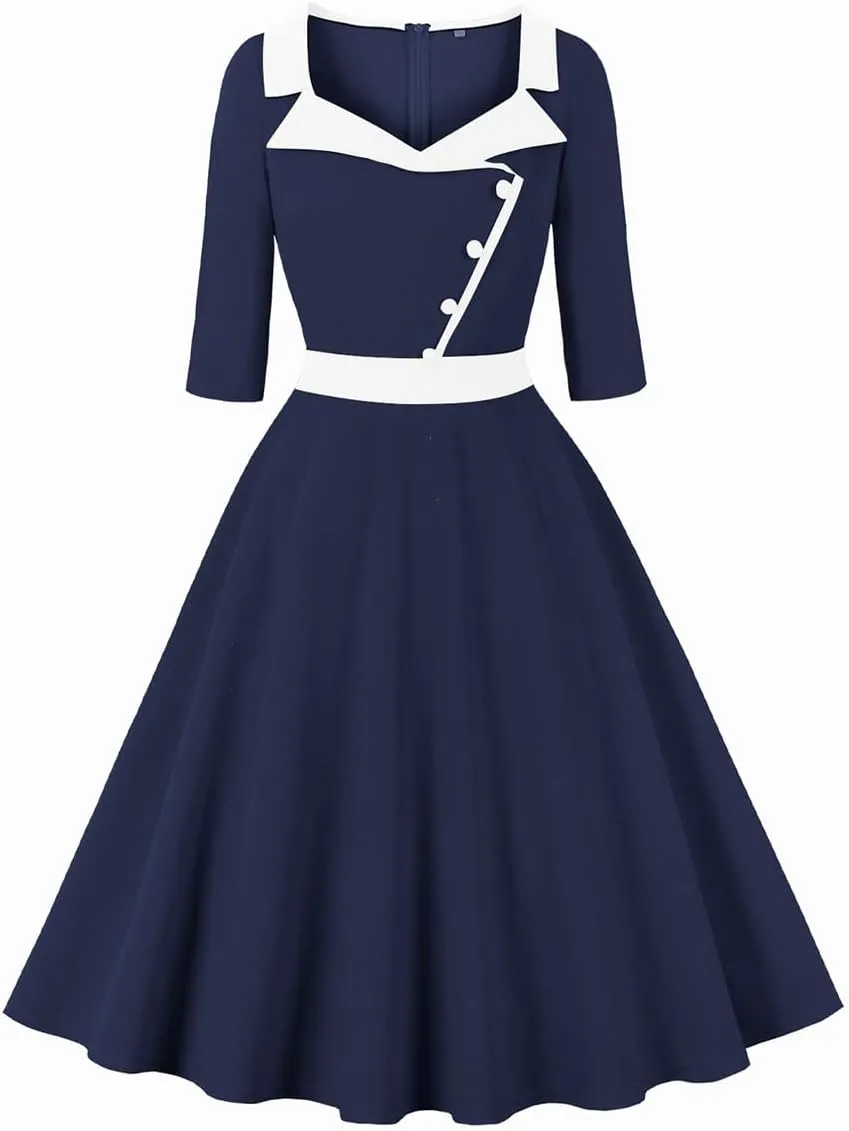 3/4 Sleeve 40s 50s Dresses for Women Vintage 1950s Cocktail Dress Square Neck Retro Rockabilly Swing 50's Style Dress