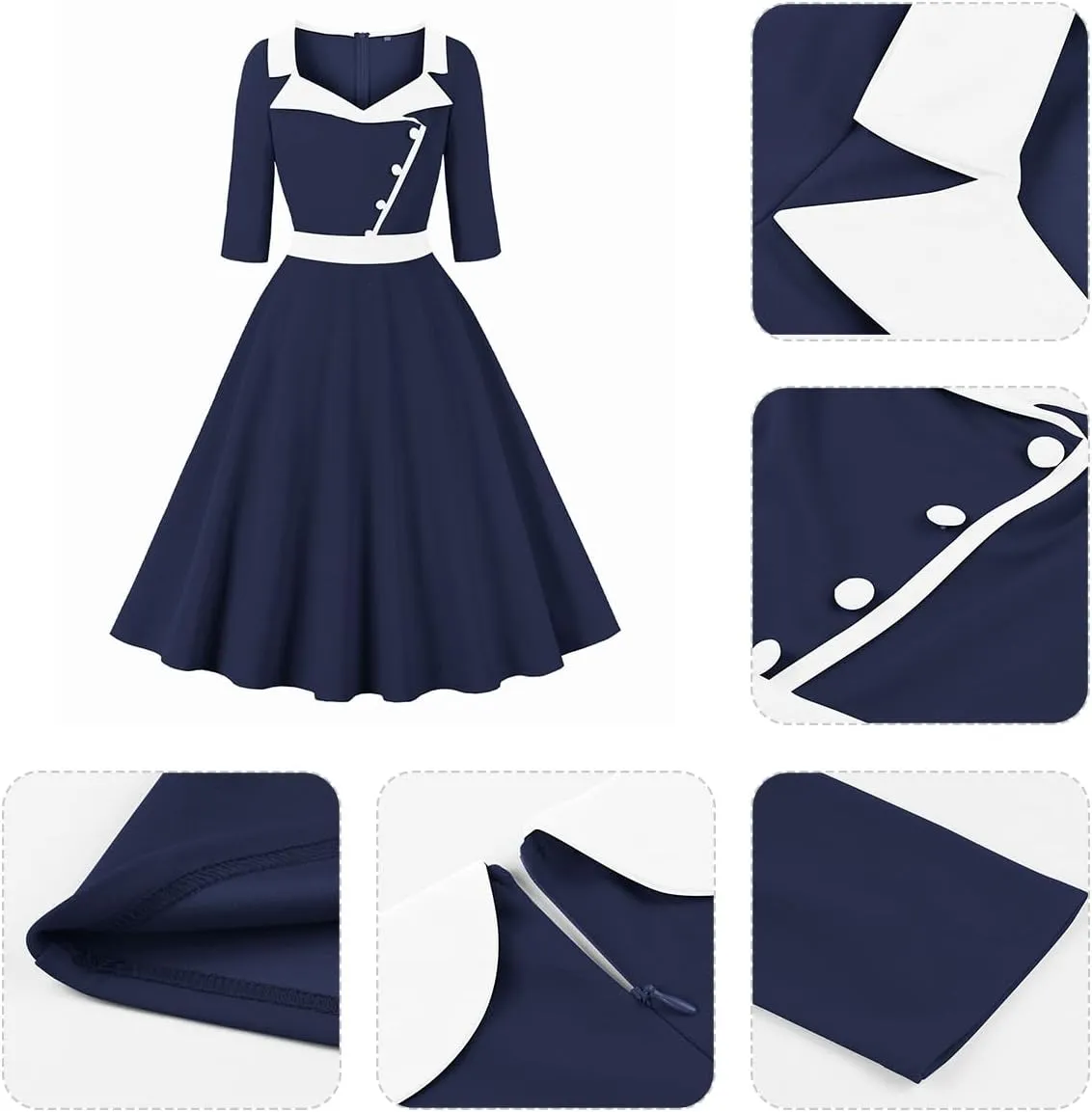 3/4 Sleeve 40s 50s Dresses for Women Vintage 1950s Cocktail Dress Square Neck Retro Rockabilly Swing 50's Style Dress