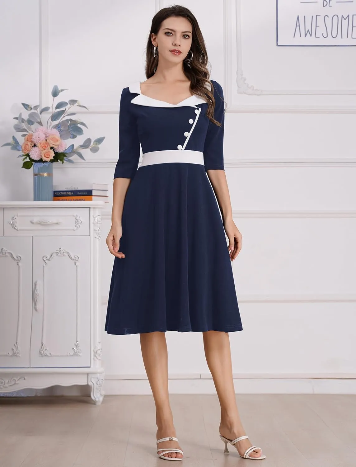 3/4 Sleeve 40s 50s Dresses for Women Vintage 1950s Cocktail Dress Square Neck Retro Rockabilly Swing 50's Style Dress