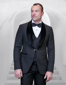 3pc Shawl Lapel Black Tuxedo With Velvet Lapel, Velvet Vest, with Gold Buttons And Side Trim On The Pants| EMPORIO| Black