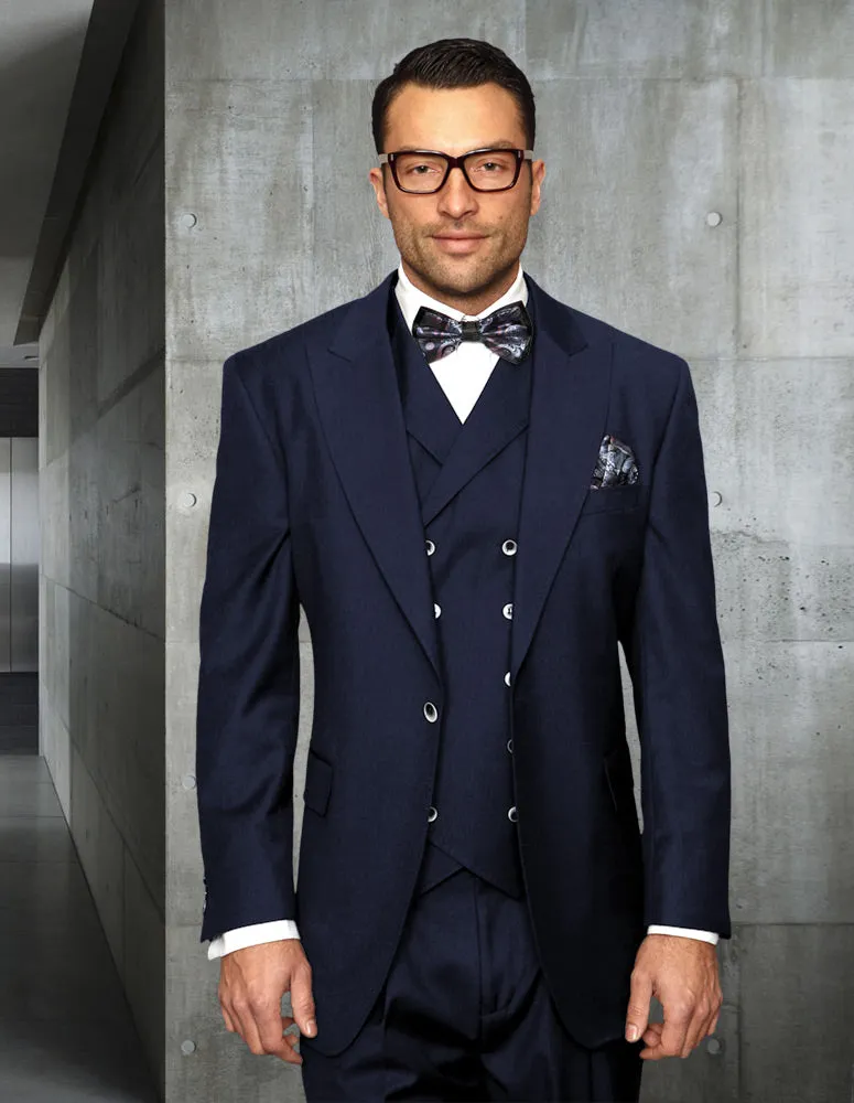 3pc Wide Leg Pants, Peak Lapel One Button With Double Breasted Vest| FLORENCE| Navy