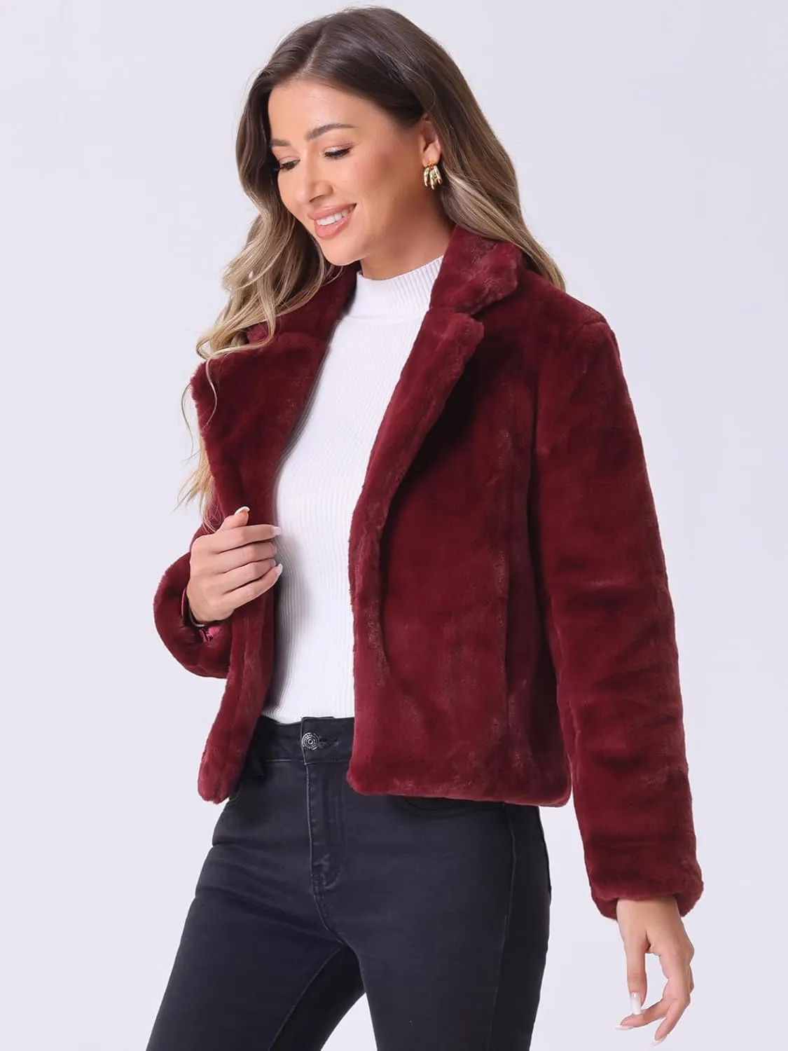 Allegra K Women's Cropped Faux Fur Jacket Lapel Cardigan Shrug 2024 Winter Fluffy Faux Fur Coat