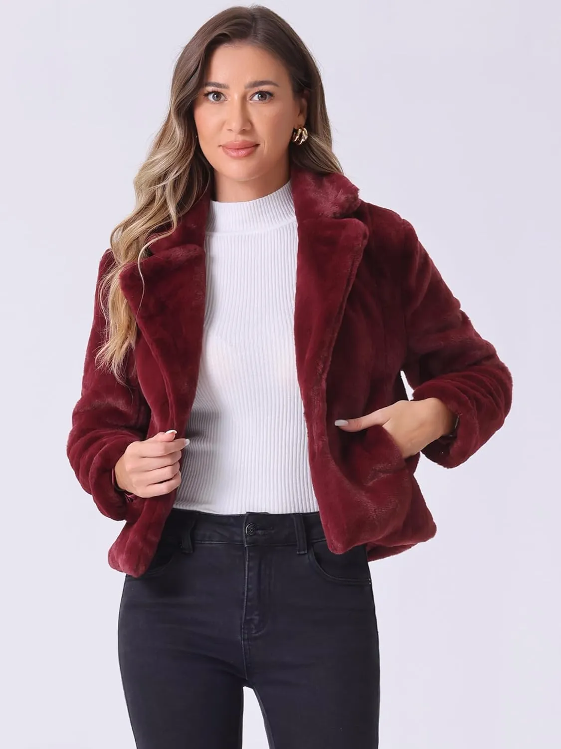 Allegra K Women's Cropped Faux Fur Jacket Lapel Cardigan Shrug 2024 Winter Fluffy Faux Fur Coat