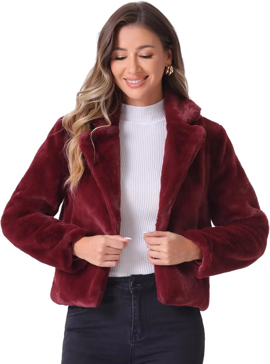 Allegra K Women's Cropped Faux Fur Jacket Lapel Cardigan Shrug 2024 Winter Fluffy Faux Fur Coat