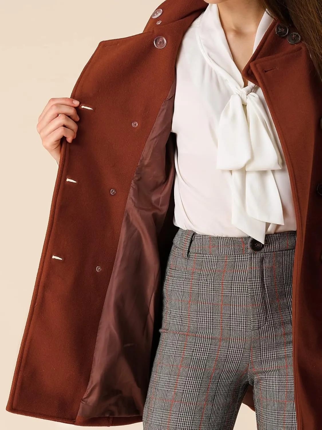 Allegra K Women's Stand Collar Double Breasted Pockets Trendy Outwear Winter Coat with Belt