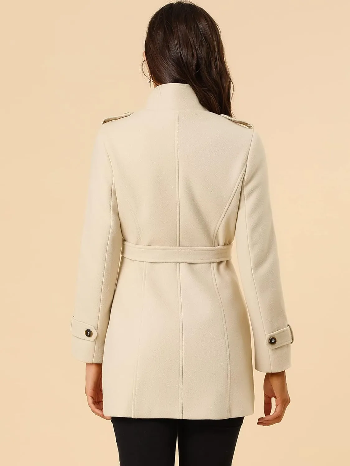 Allegra K Women's Stand Collar Double Breasted Pockets Trendy Outwear Winter Coat with Belt