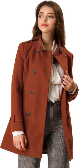 Allegra K Women's Stand Collar Double Breasted Pockets Trendy Outwear Winter Coat with Belt