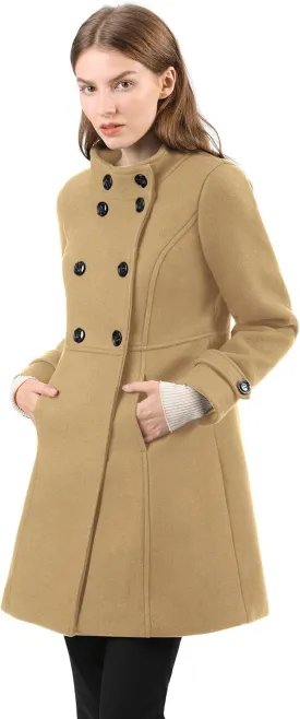 Allegra K Women's Stand Collar Double Breasted Slant Pockets Trendy Outwear Winter Coat
