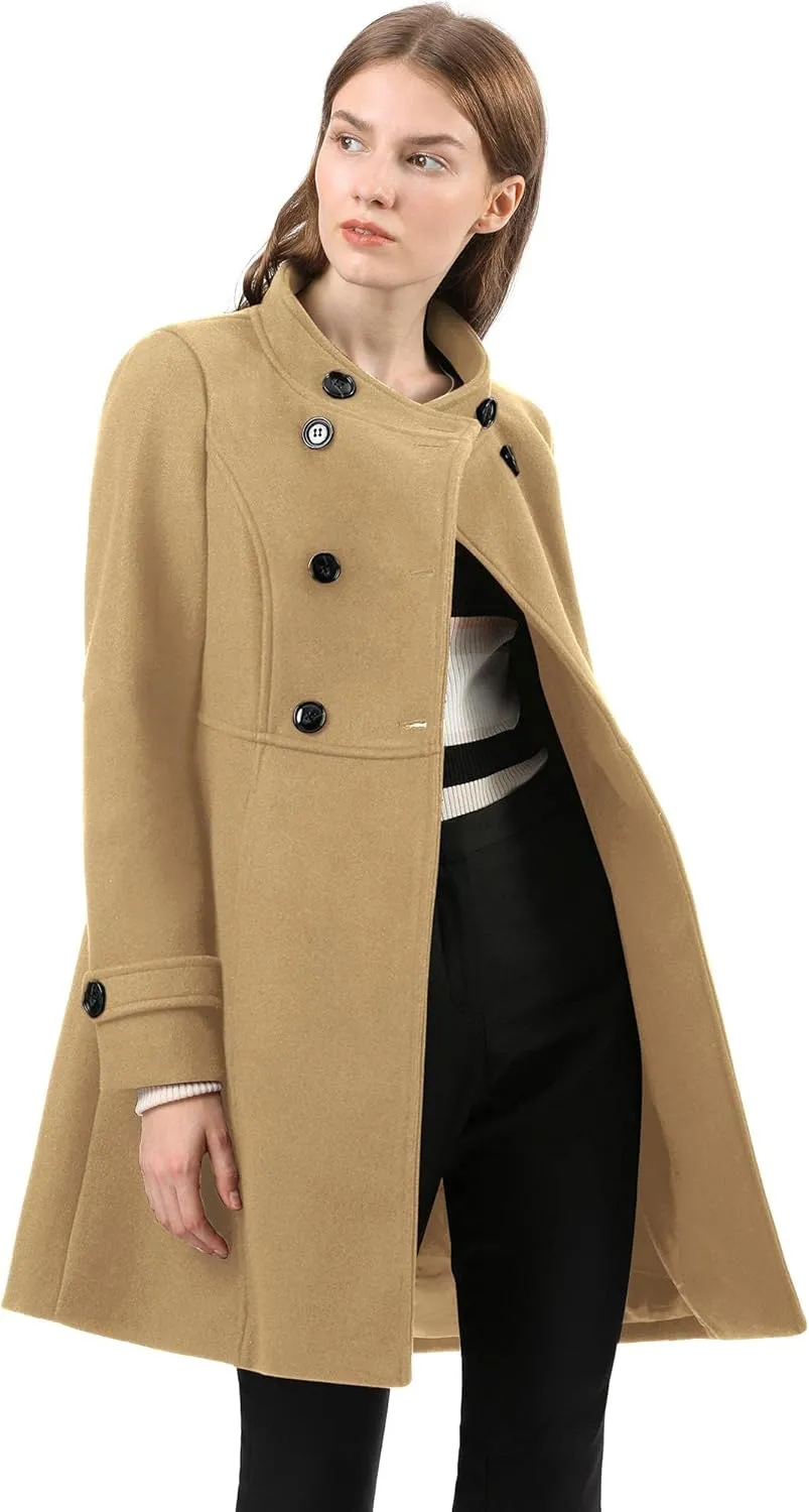 Allegra K Women's Stand Collar Double Breasted Slant Pockets Trendy Outwear Winter Coat