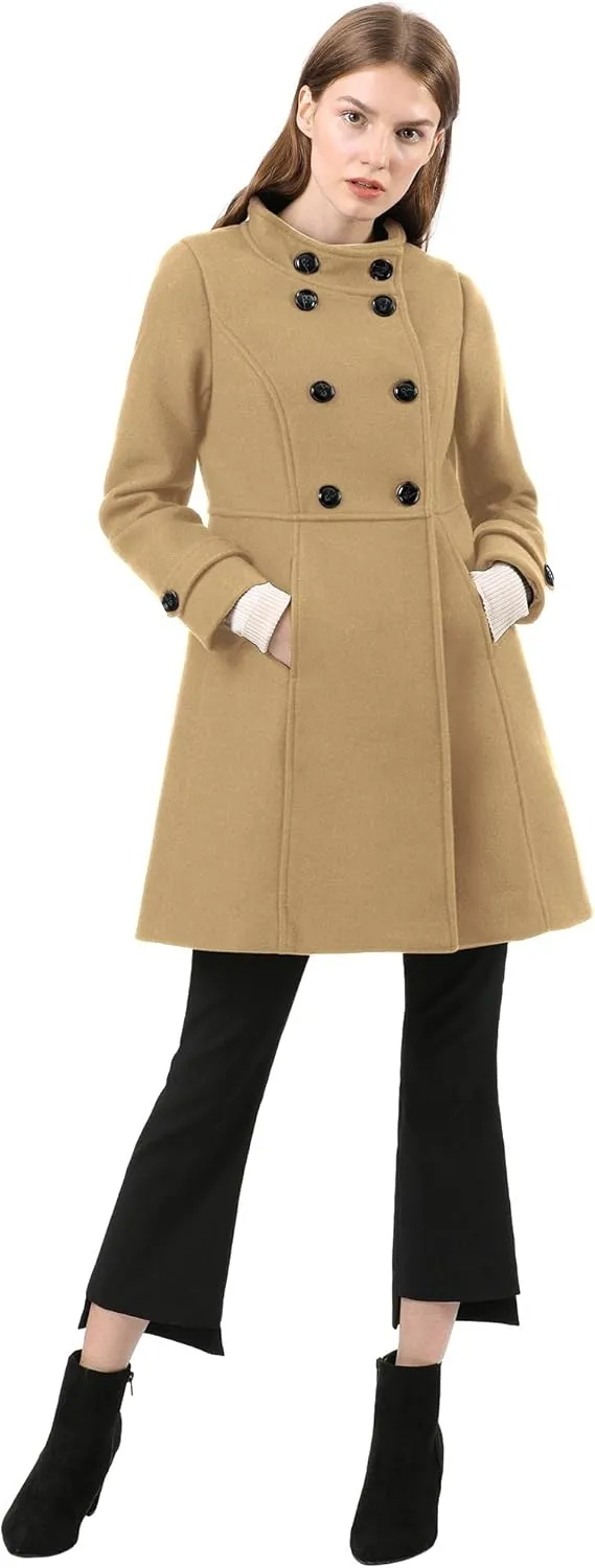 Allegra K Women's Stand Collar Double Breasted Slant Pockets Trendy Outwear Winter Coat