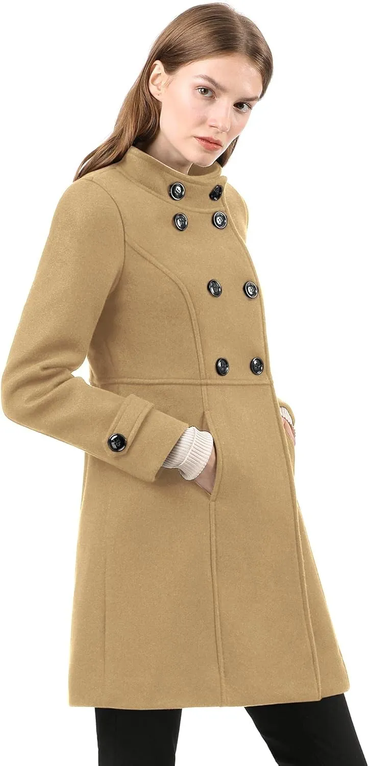 Allegra K Women's Stand Collar Double Breasted Slant Pockets Trendy Outwear Winter Coat