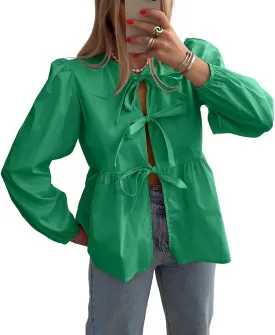 Allimy Womens Self Tie Front Bows Puff Long Sleeve Crewneck Babydoll Peplum Blouses Tops Shirts