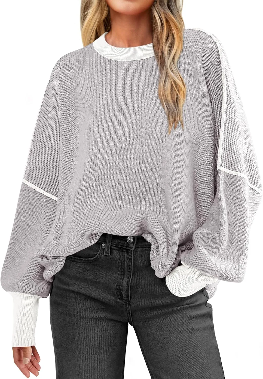 ANRABESS Womens Oversized Sweaters Fall 2025 Fashion Crewneck Batwing Long Sleeve Side Slit Knit Pullover Sweater Tops
