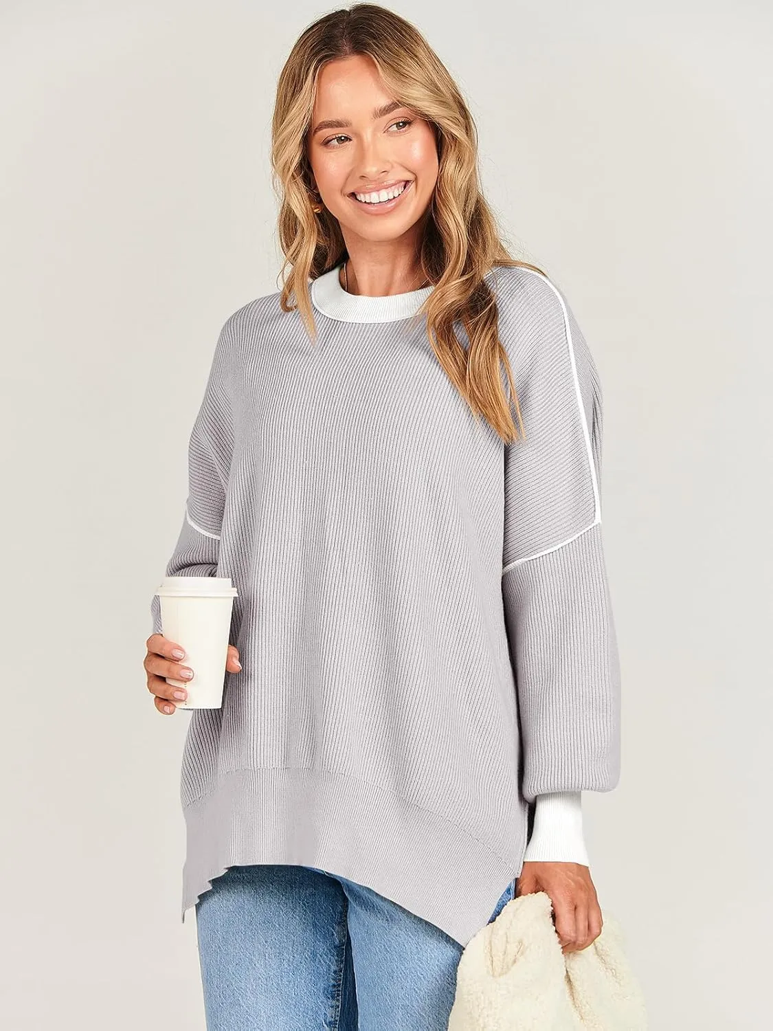 ANRABESS Womens Oversized Sweaters Fall 2025 Fashion Crewneck Batwing Long Sleeve Side Slit Knit Pullover Sweater Tops