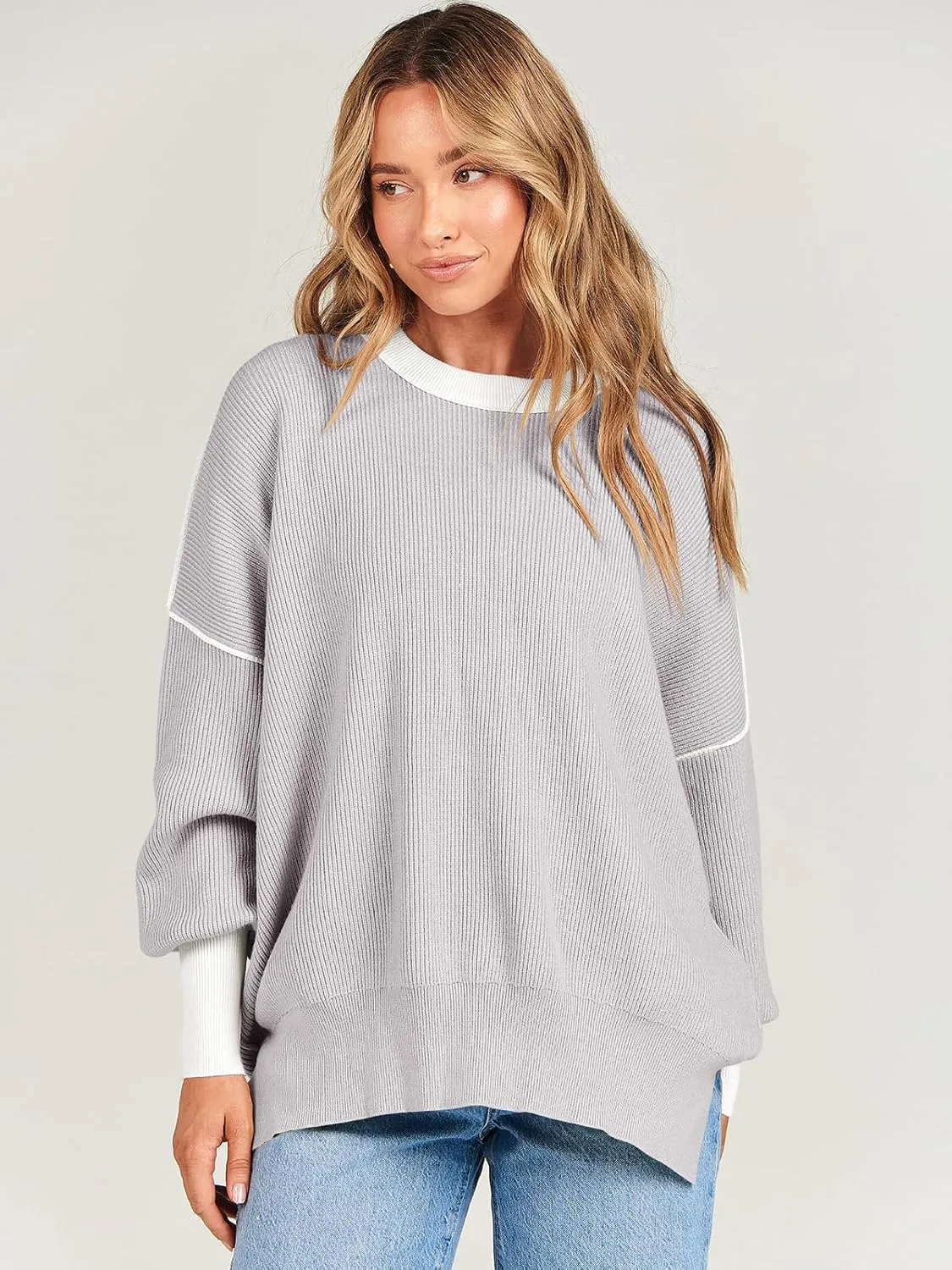 ANRABESS Womens Oversized Sweaters Fall 2025 Fashion Crewneck Batwing Long Sleeve Side Slit Knit Pullover Sweater Tops