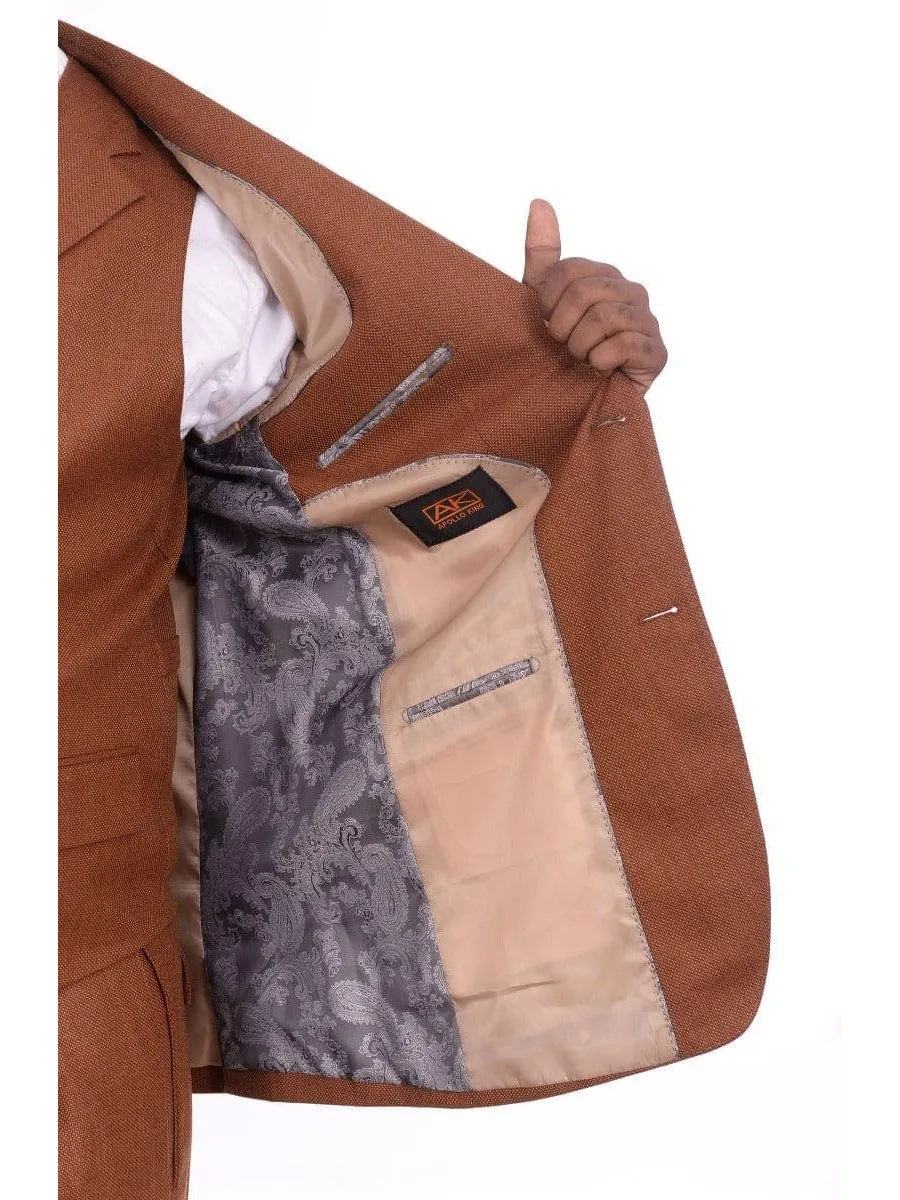 Apollo King Big & Tall Classic Fit Rust Brown Check Three Piece Wool Suit With Peak Lapels