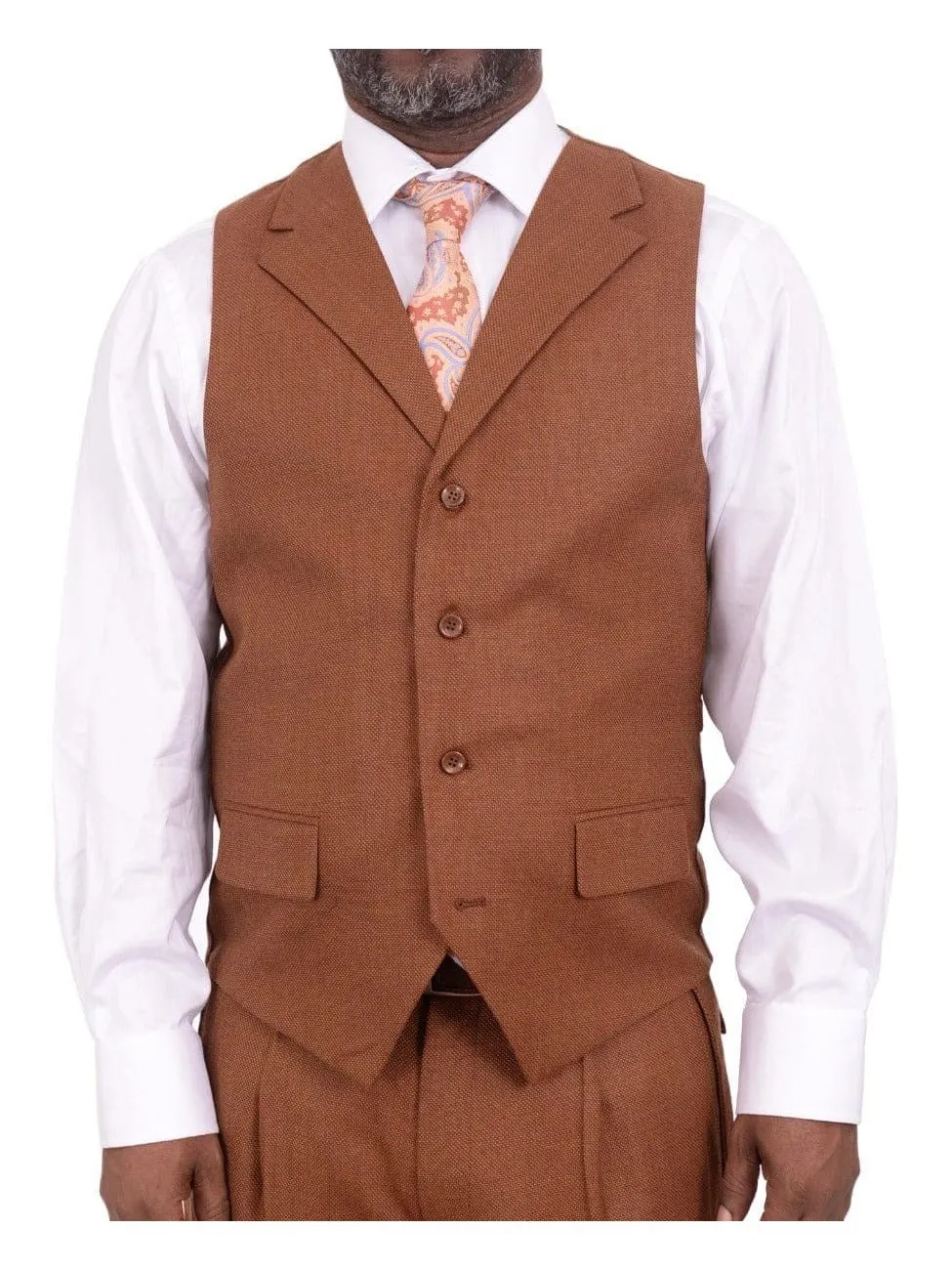 Apollo King Big & Tall Classic Fit Rust Brown Check Three Piece Wool Suit With Peak Lapels