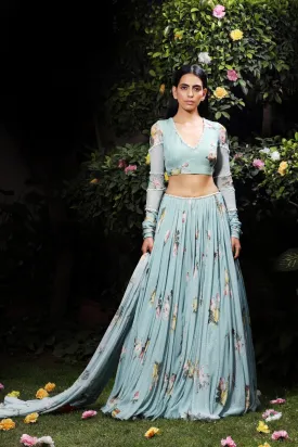 Aquamarine printed georgette lehenga set