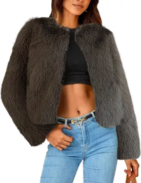 Arssm Faux Fur Jacket Women Long Sleeve Open Front Cropped Cardigan Warm Winter Shaggy Fluffy Short Fur Coat
