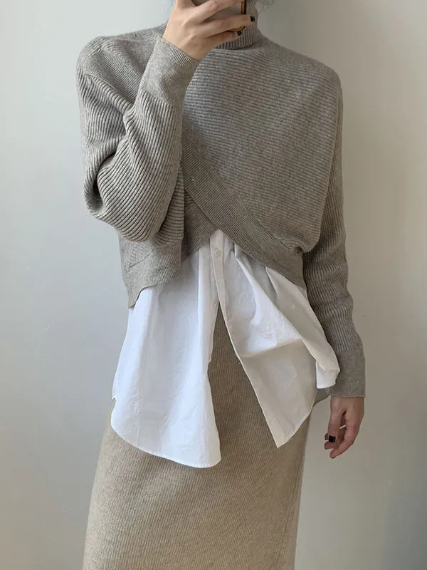 Asymmetric Solid Color Split-Front Long Sleeves High-Neck Sweater Pullovers Knitwear