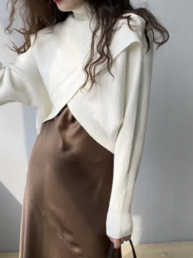 Asymmetric Solid Color Split-Front Long Sleeves High-Neck Sweater Pullovers Knitwear
