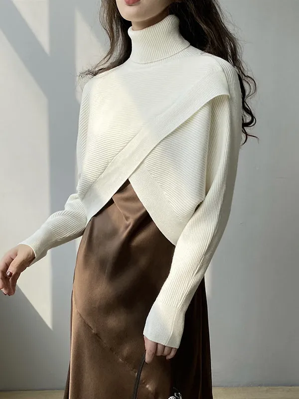 Asymmetric Solid Color Split-Front Long Sleeves High-Neck Sweater Pullovers Knitwear