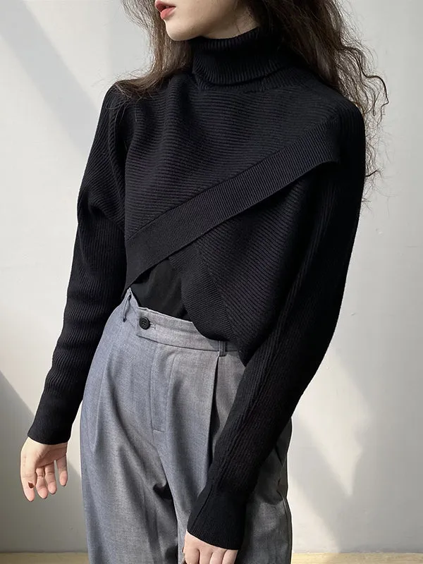 Asymmetric Solid Color Split-Front Long Sleeves High-Neck Sweater Pullovers Knitwear
