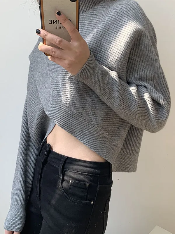 Asymmetric Solid Color Split-Front Long Sleeves High-Neck Sweater Pullovers Knitwear