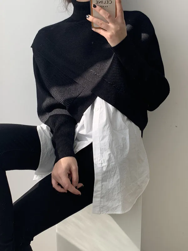 Asymmetric Solid Color Split-Front Long Sleeves High-Neck Sweater Pullovers Knitwear