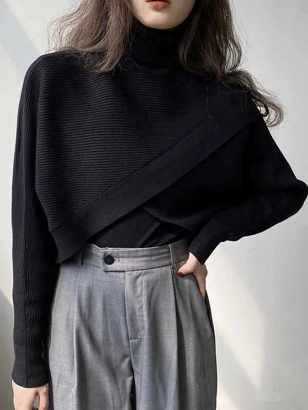 Asymmetric Solid Color Split-Front Long Sleeves High-Neck Sweater Pullovers Knitwear