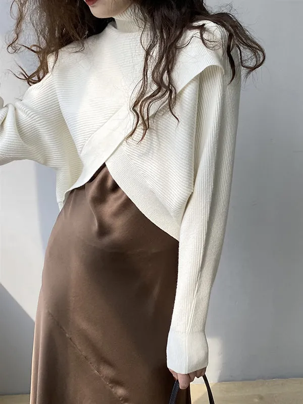 Asymmetric Solid Color Split-Front Long Sleeves High-Neck Sweater Pullovers Knitwear