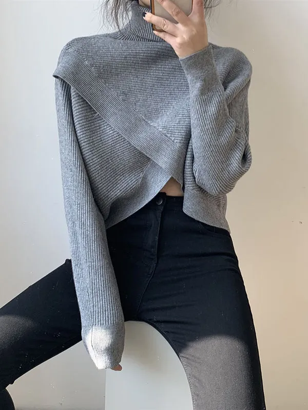 Asymmetric Solid Color Split-Front Long Sleeves High-Neck Sweater Pullovers Knitwear