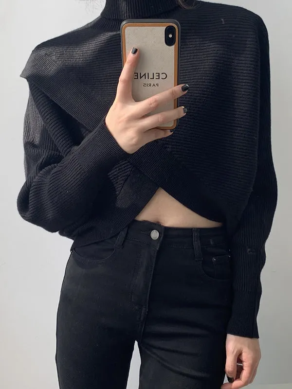 Asymmetric Solid Color Split-Front Long Sleeves High-Neck Sweater Pullovers Knitwear
