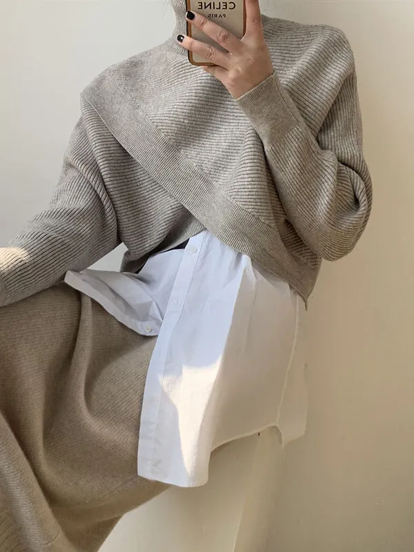 Asymmetric Solid Color Split-Front Long Sleeves High-Neck Sweater Pullovers Knitwear