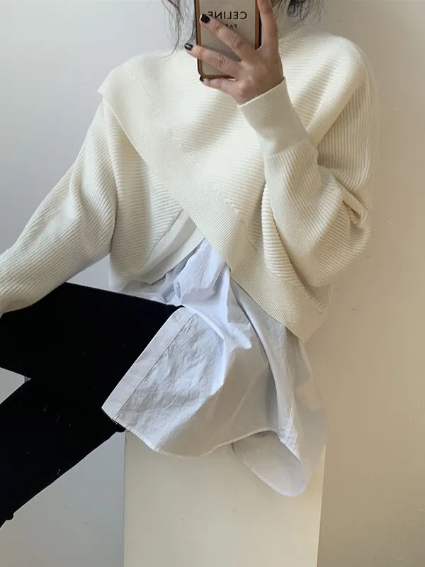Asymmetric Solid Color Split-Front Long Sleeves High-Neck Sweater Pullovers Knitwear