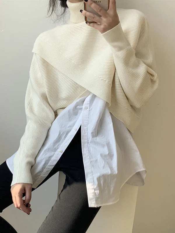 Asymmetric Solid Color Split-Front Long Sleeves High-Neck Sweater Pullovers Knitwear